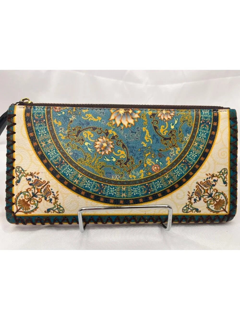 Boho Floral Medallion Wristlet Wallet Teal Cream Whipstitch Zip Organizer